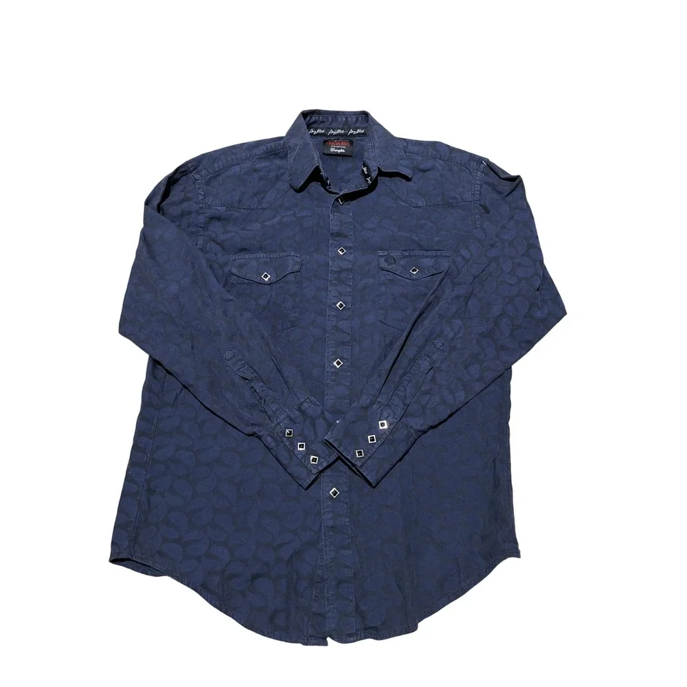 Wrangler George Strait Troubadour Navy Paisley Western Pearl Snap Shirt Mens L